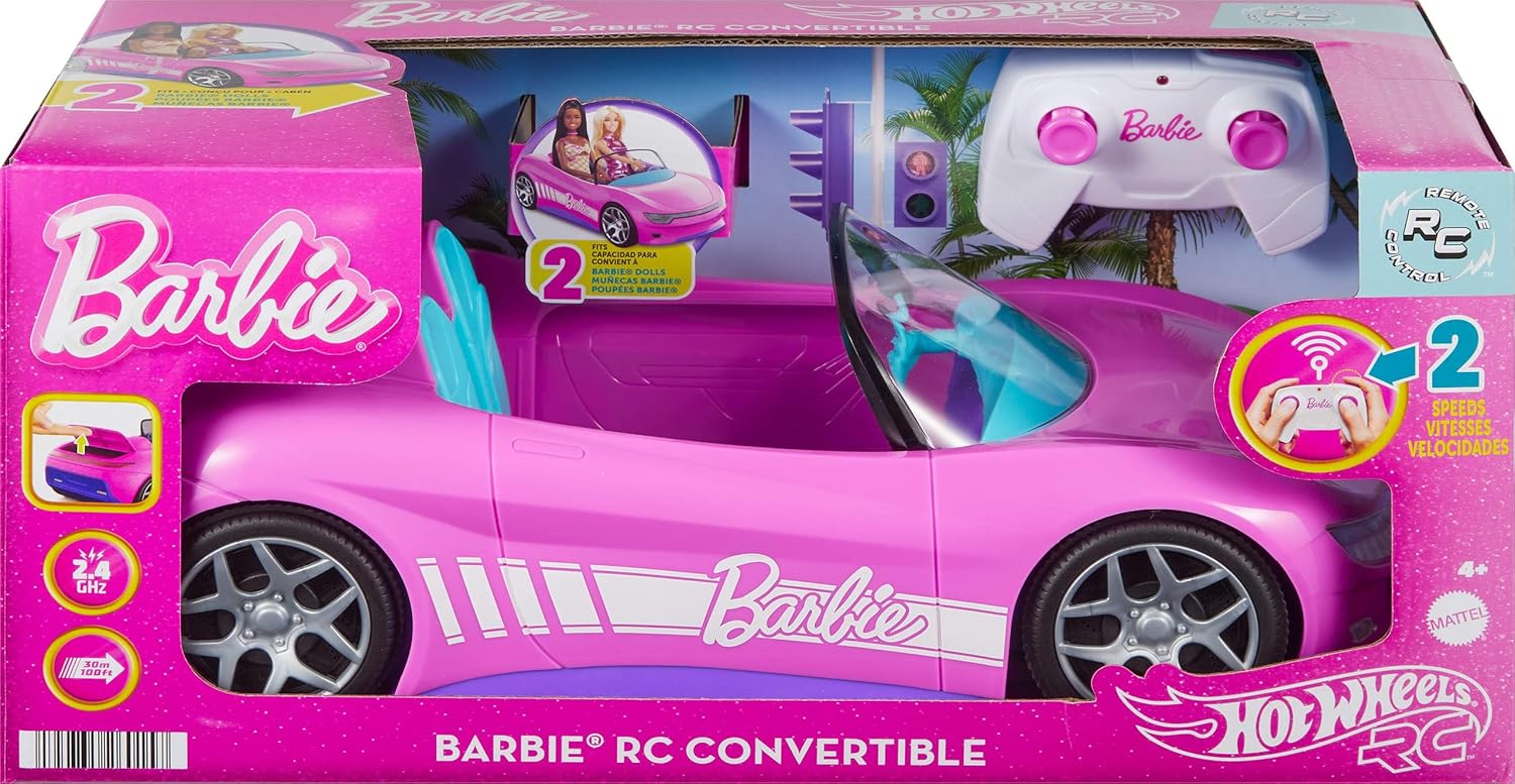 Barbie Hot Wheels RC Toy Car, Remote-Control Pink Convertible, Can Hold 2 Fashion Dolls & Trunk Opens for Storage, Sticker Sheet for Customizing
