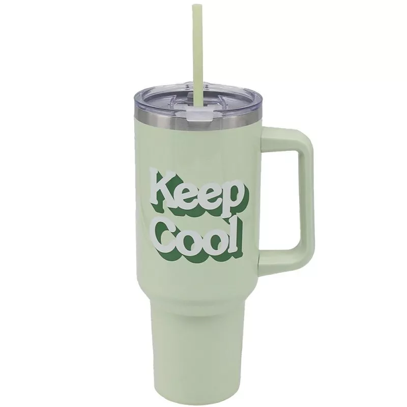 Insulated Green Tumbler Vacuum Flask Handle Straw 1.2L Keep Cool Coffee Car Cup