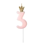 Candle in a crown - number 3 - pink - 9.5cm